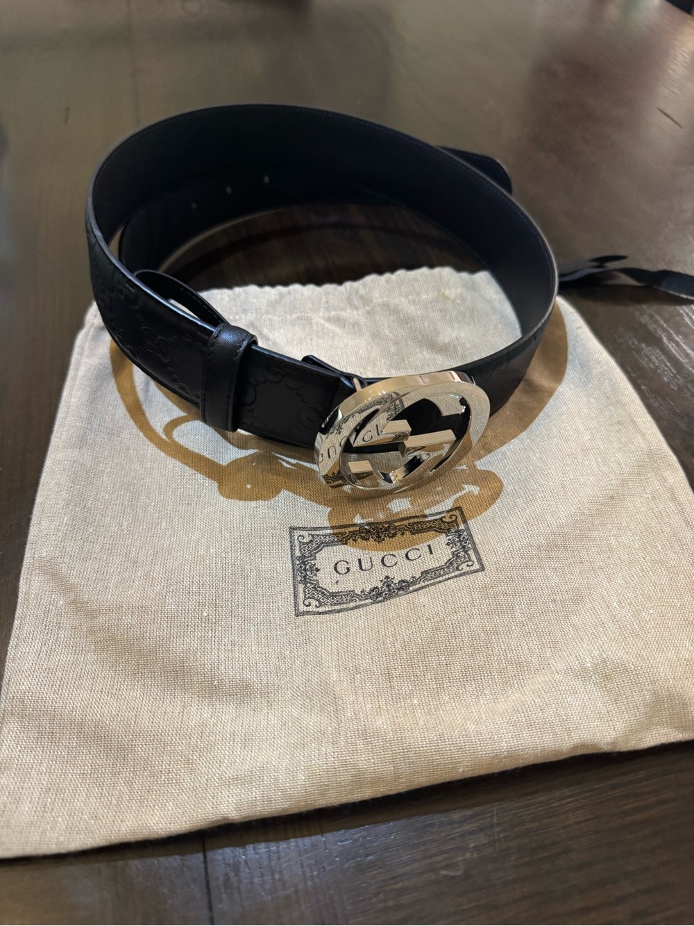 Gucci Black Leather Belt with Silver Interlocking G Buckle